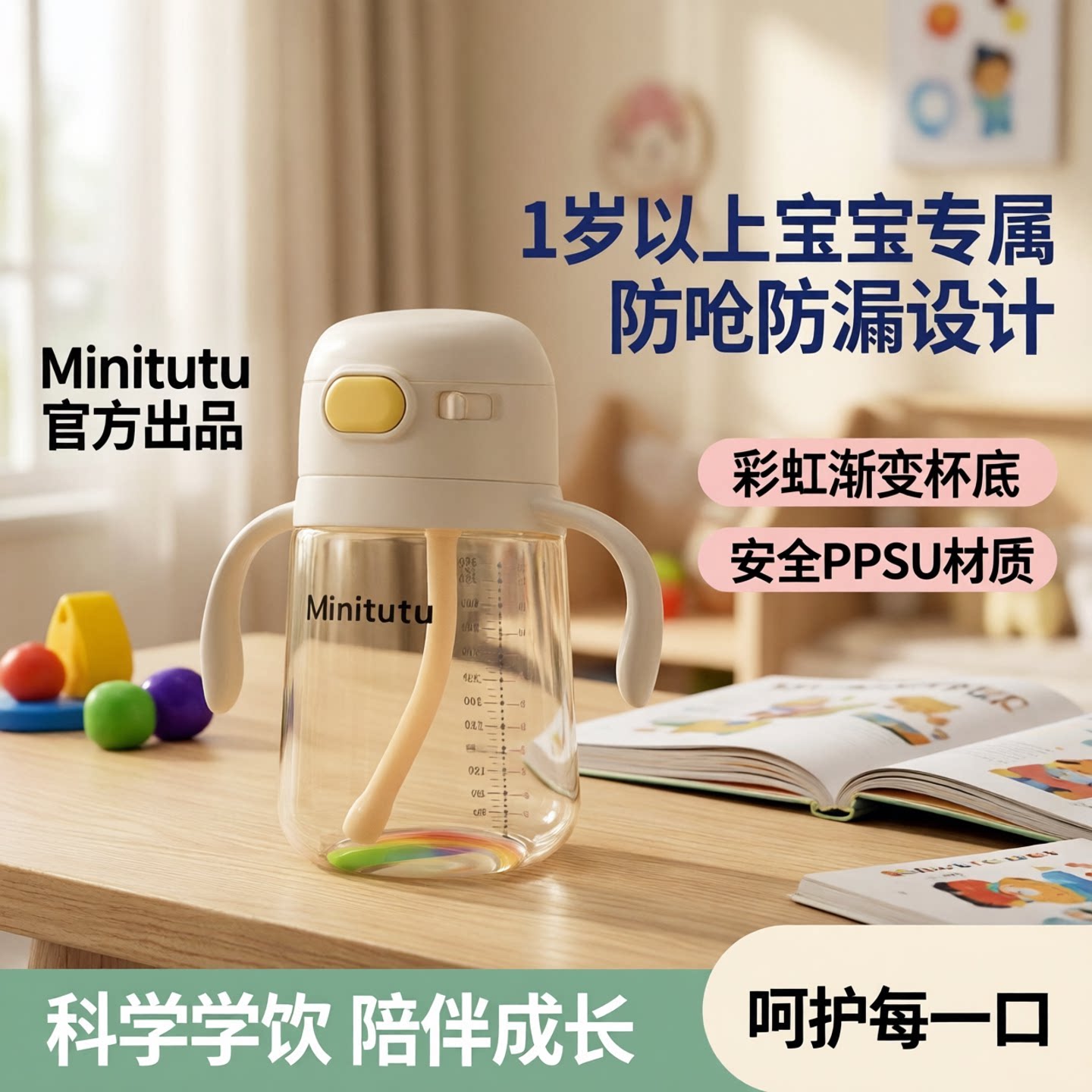 Minitutu彩虹PPSU水杯儿童吸管杯宝宝喝水防漏1岁以上防呛学饮杯