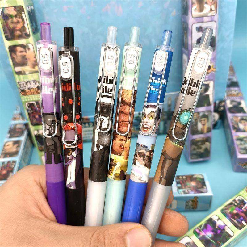 马桶人vs监控人按动中性笔卡通动漫水性笔学生0.5签字笔速干黑笔