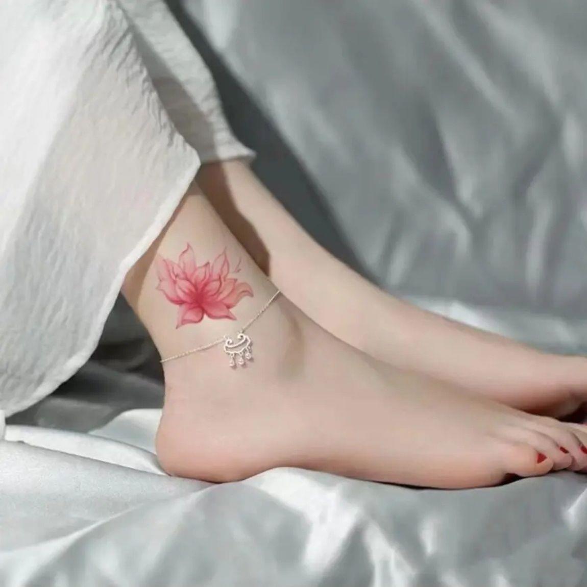 步步生莲古风纹身贴防水女持久脚踝手臂荷花唯美小清新逼真彩绘