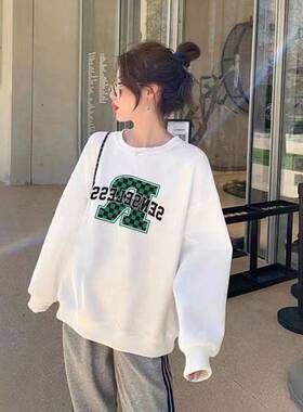 白色毛圈棉春秋卫衣女新款潮牌印花薄款长袖圆领宽松套头上衣2025