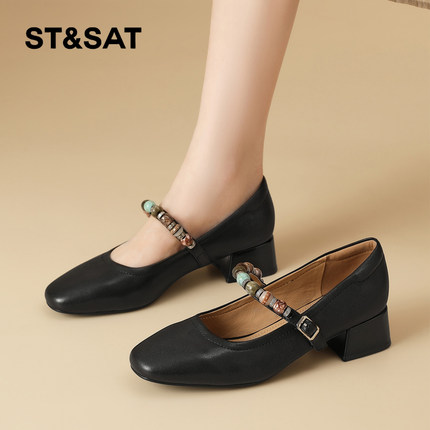 星期六玛丽珍鞋女冬2025冬季新款女鞋女款红色粗跟小皮鞋单鞋婚鞋