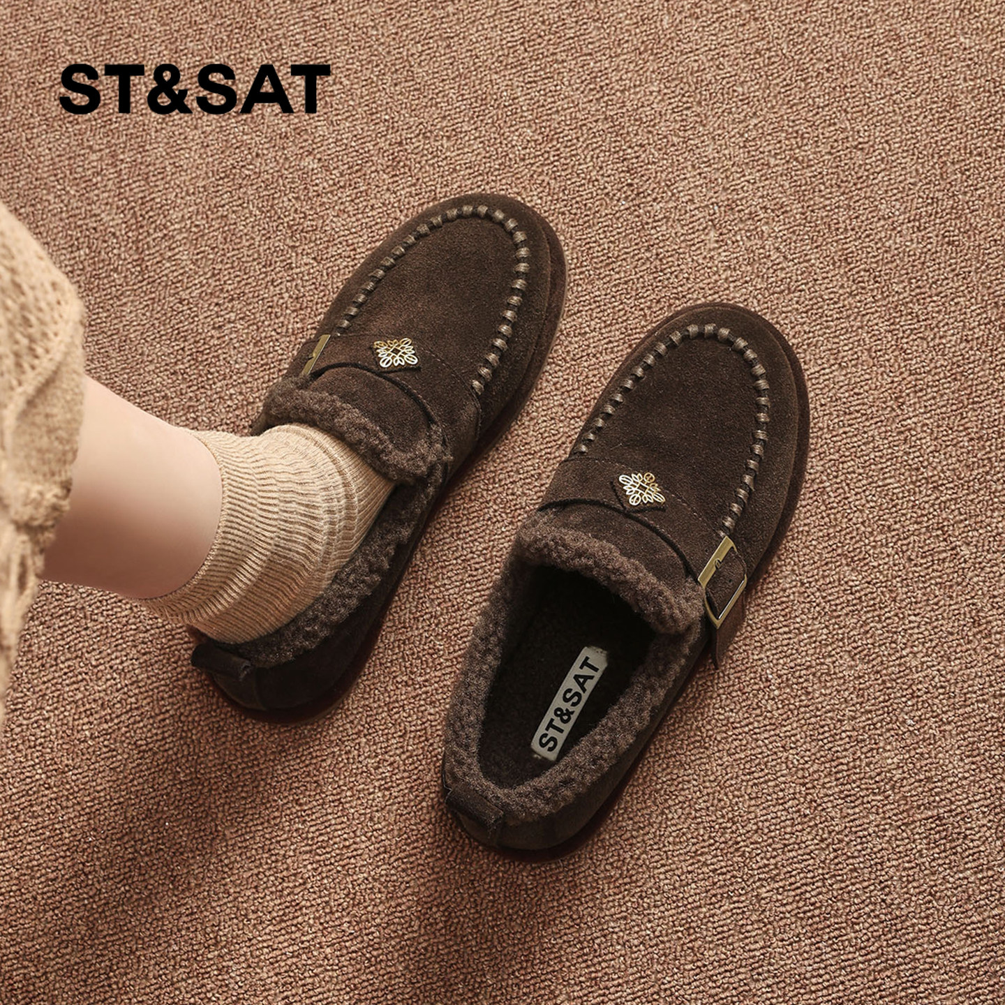 星期六棉鞋女冬2025冬季新款外穿女鞋加绒加厚保暖雪地平底豆豆鞋