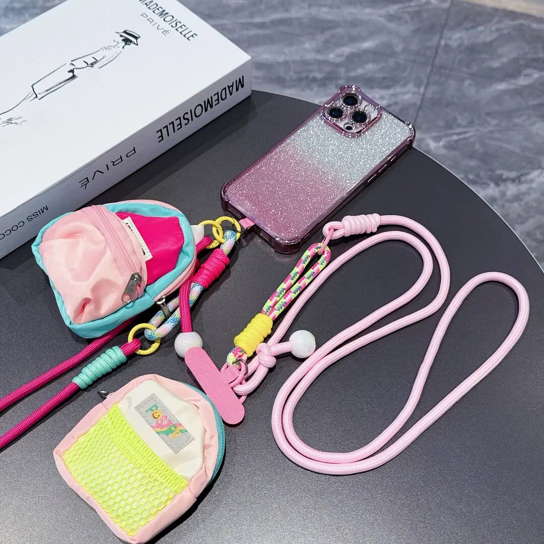 多巴胺拼接款手机挂绳斜挎可调节可拆卸编织绳收纳零钱包户外防丢