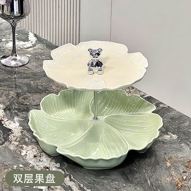 创意陶瓷多层荷叶果盘 家用客厅干果盘下午茶点心盘子分格干果盘