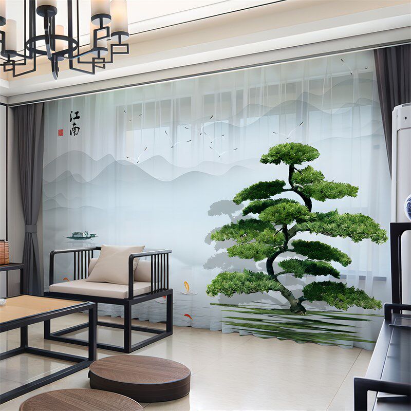 2024新中式窗帘布阳台国风景迎客松山水画遮阳透光不透人纱帘隔断