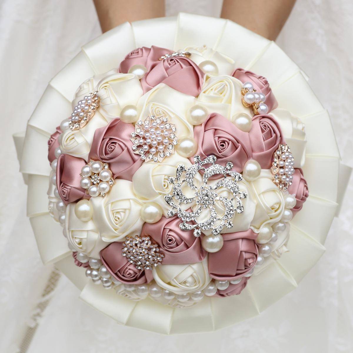 现货款珍珠水结婚新娘手W197捧花缎带捧钻花新婚庆道多色具现货