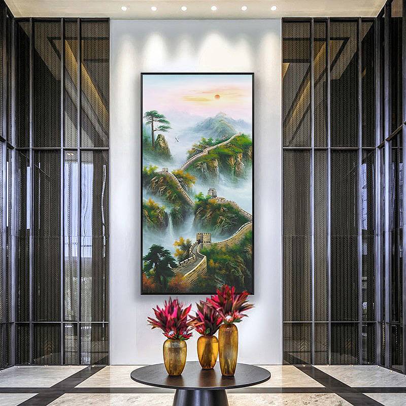 现代风美式发财树玄关装饰画客厅走廊过道竖版欧式油画布挂画壁画