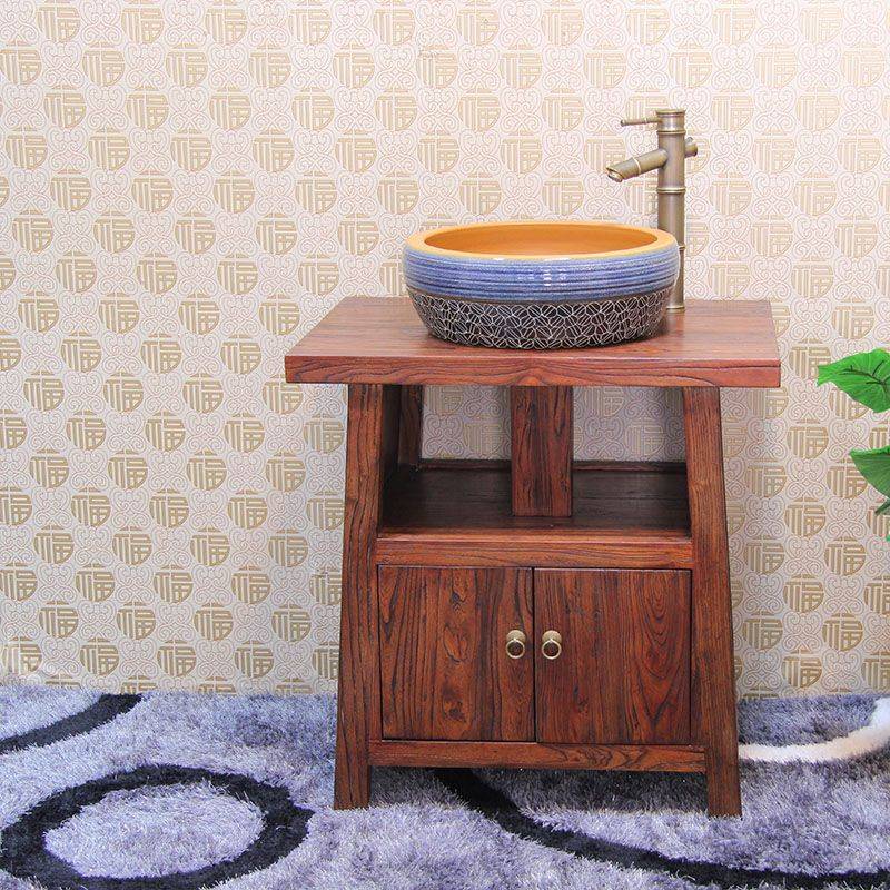 落地复古实木仿古小户型台上盆老榆木中式浴室柜组合洗脸柜洗手台