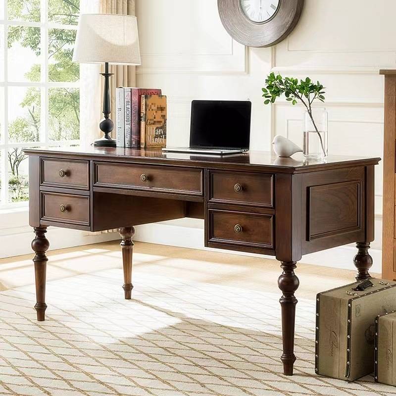 美式乡村全实木书桌台式电脑桌家用办公桌椅组合胡桃色复古写字台