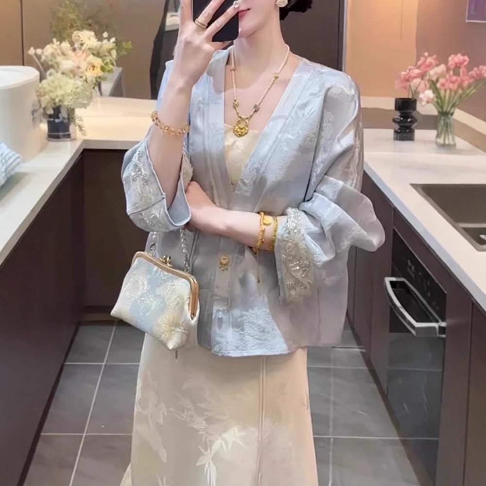 新中式【窈窕】2025新款气质复古刺绣提花上衣+半身裙两件套装女