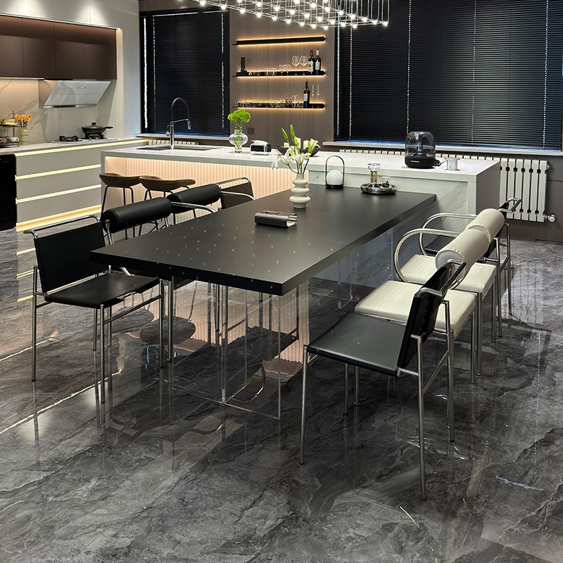 德利丰纯黑岩板餐桌 新涛亚克力透明悬浮饭桌 长方形家用现代简约
