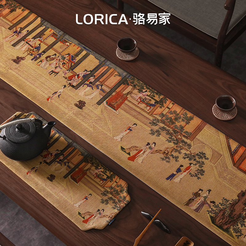 骆易家汉宫春晓图新中式桌旗古典茶席茶台布艺长条茶几桌布茶桌布