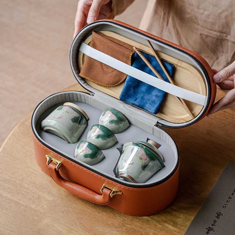 冰裂手绘荷花茶壶一壶三杯带盘茶叶罐便携旅行套组功夫茶具套装