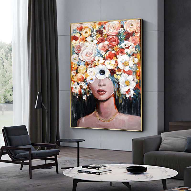 手绘油画彩色花卉人物客厅装饰画肌理感玄关挂画民宿酒店艺术画图片