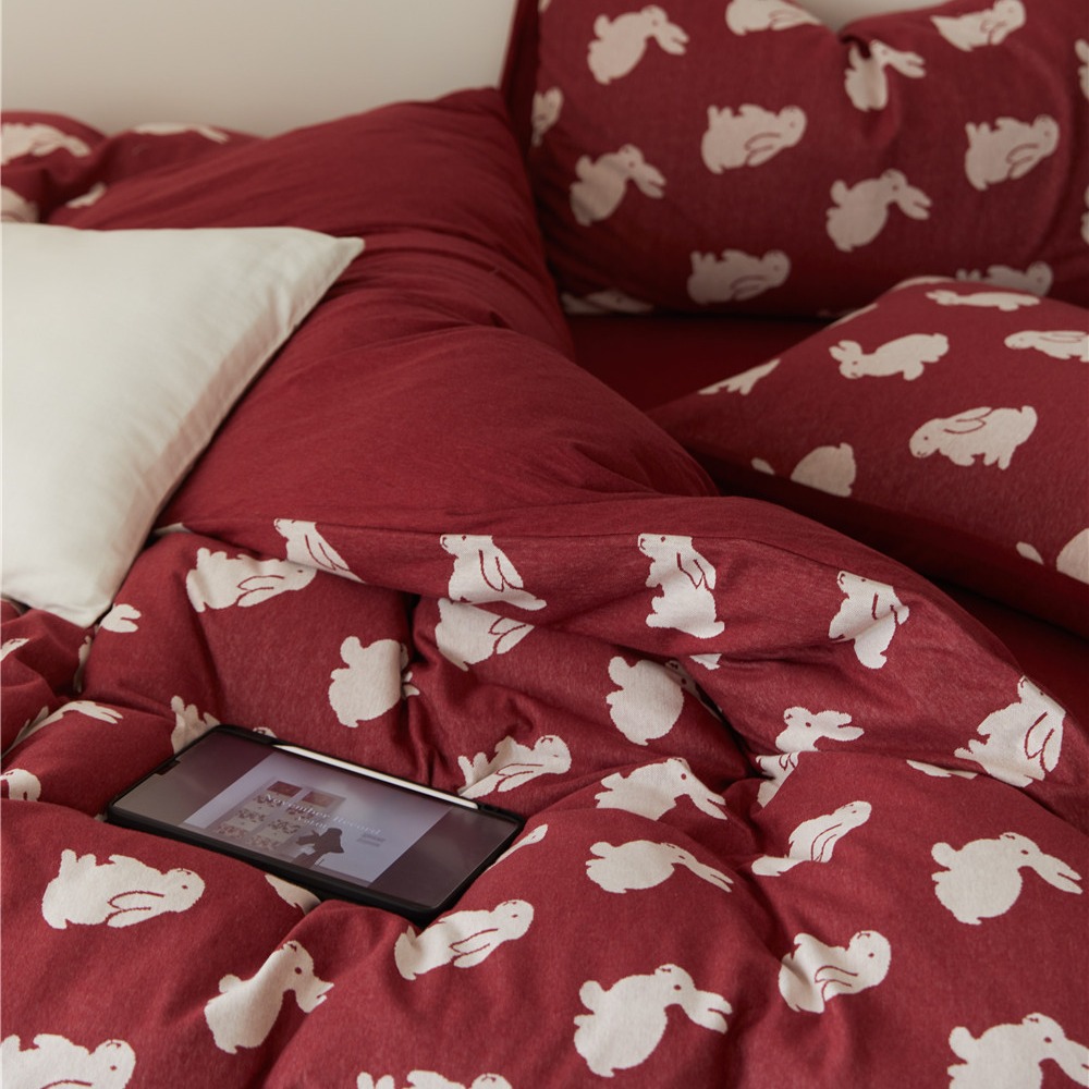 兔年好运 红色小兔子针织棉提花单品被套柔软裸睡天竺棉床单床笠