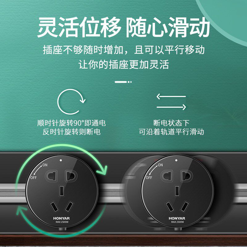 鸿雁可移动轨道插座壁挂式厨房专用电源电力导轨无线明装滑动插座