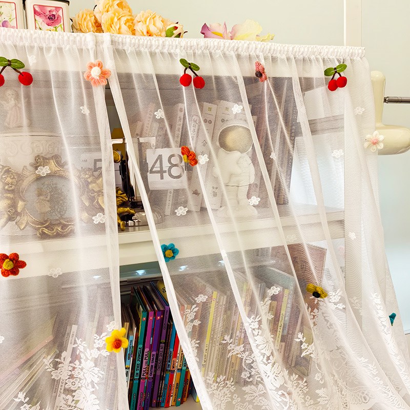 图书馆书架衣g帽间遮丑隔断帘大厅白纱窗帘点缀樱桃装饰花朵窗帘