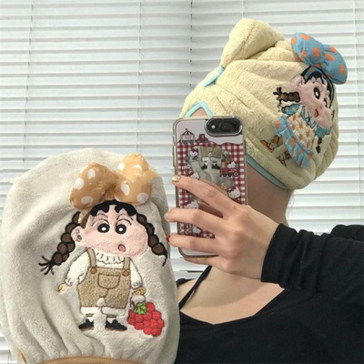 ins可爱卡通蜡笔小新蝴蝶结刺绣干发帽套头包头巾吸水速干干发巾L