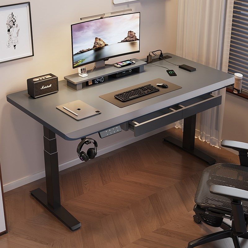 实木电动升降桌电脑桌书桌家用带抽屉办公桌子可升降电竞桌工作台