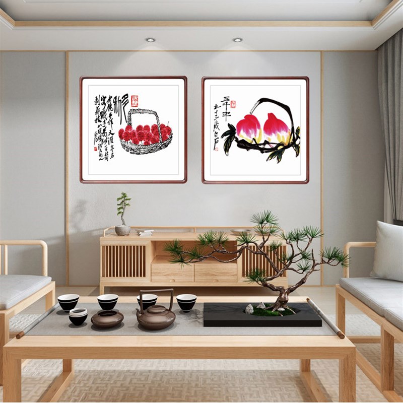 齐白石国画益寿延年餐厅装饰画新中式斗方形玄关装饰挂画客厅壁画