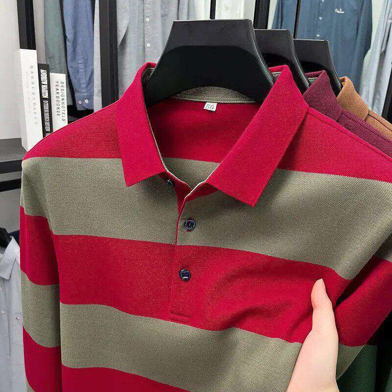 锋界服饰轻奢高品2026中年男士纯棉翻领条纹长袖T恤宽松秋POLO衫