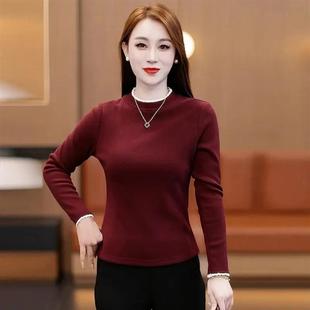 杰克森服饰秋冬蕾丝边圆领加绒打底衫内穿外搭显瘦百搭女T恤长袖