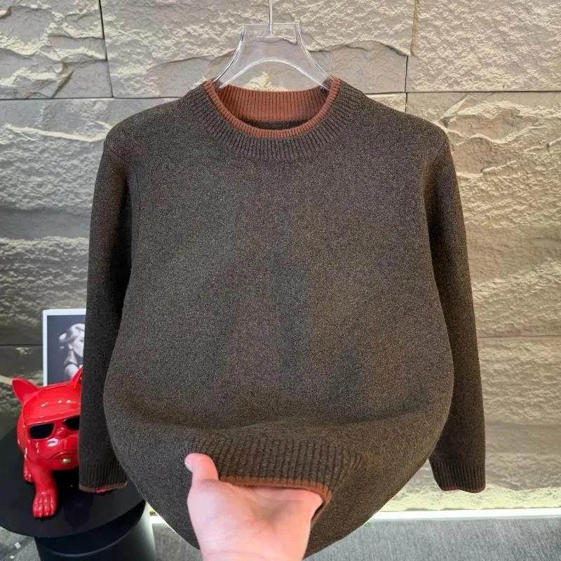 振炳商贸店2026新款假两件拼色圆领毛衣男士冬季百搭针织打底衫
