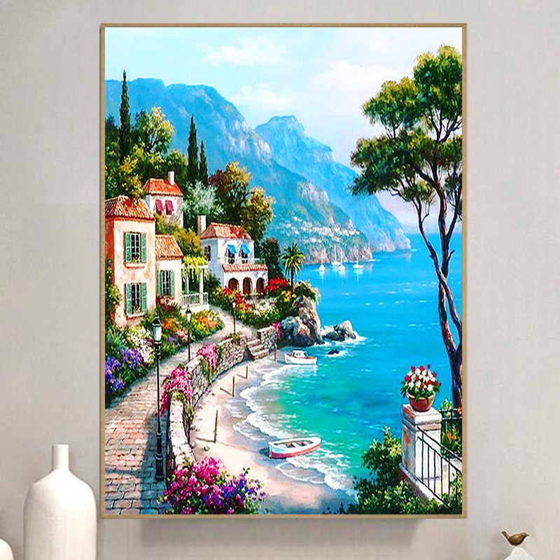 风景钻石画满钻新款2023欧式地中海小屋点贴钻十字绣客厅卧室玄关