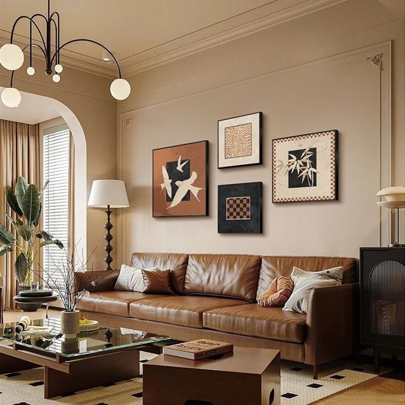 法式中古风复古美拉德客厅组合装饰画抽象沙发背景墙挂画小众艺术图片