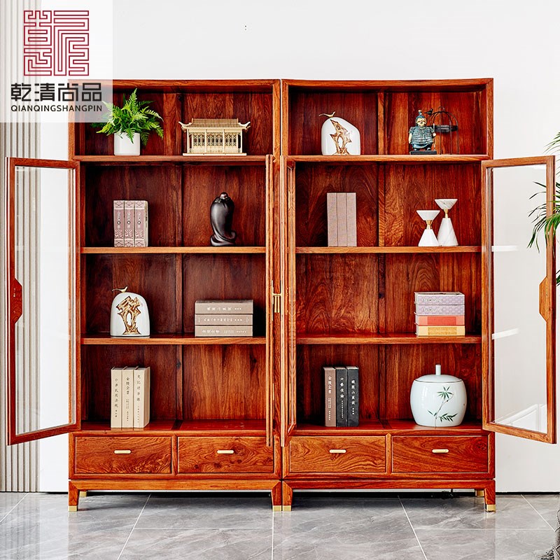 红木新中式书柜刺猬紫o檀书橱花梨木办公书房玻璃展示柜全实木家
