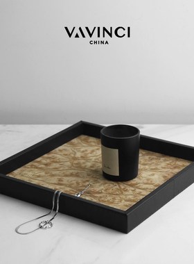 梵其中古轻奢手工木皮托盘长方形皮D质家用收纳卧室茶几香薰首饰