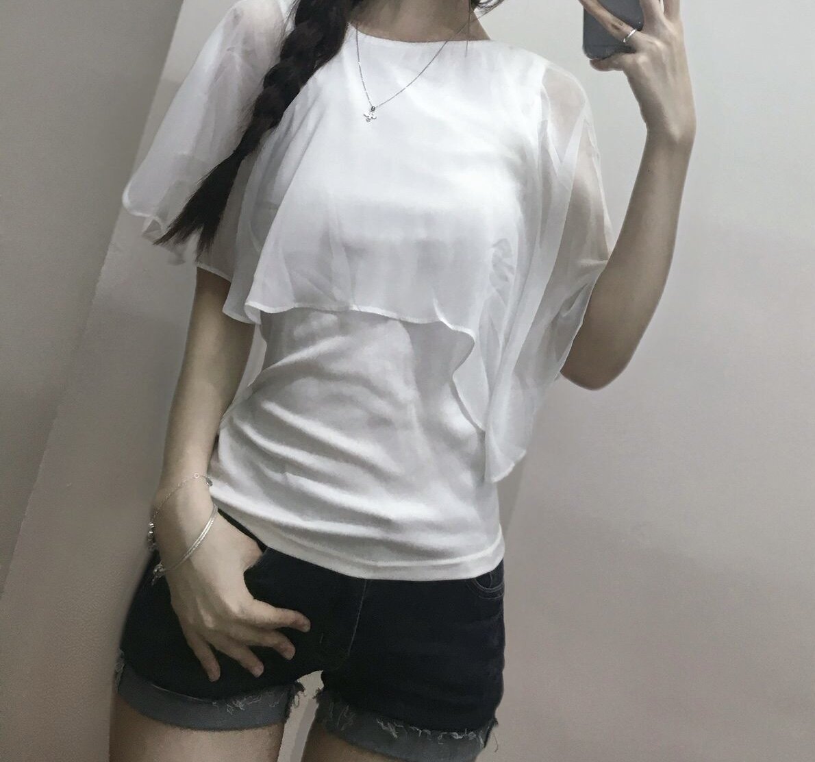 2026夏度假出片气质衫斗篷短袖女夏新款网纱拼接修身显瘦上衣