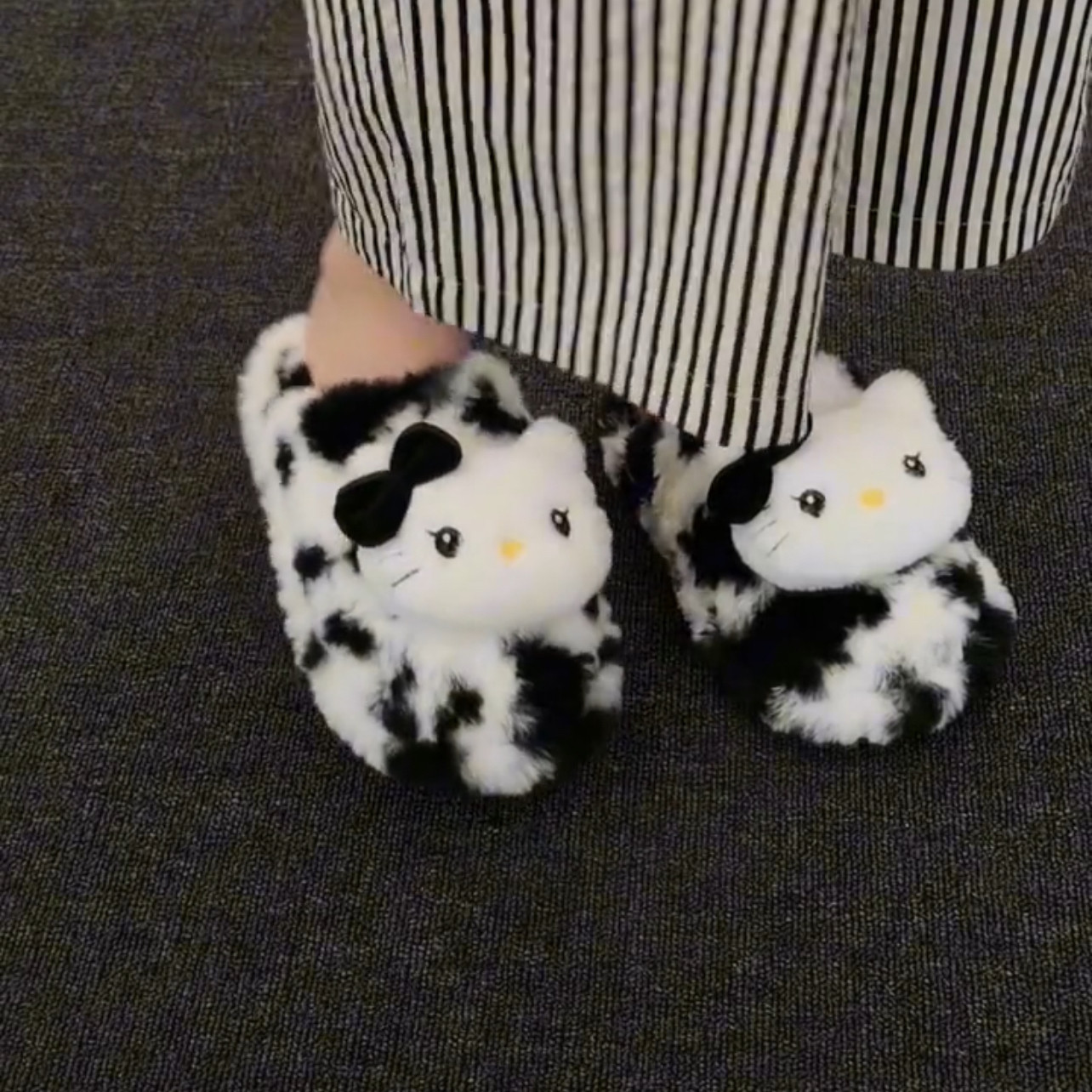 拖鞋女款室内防滑保暖加绒棉拖鞋千禧辣妹风豹纹小猫可爱黑白