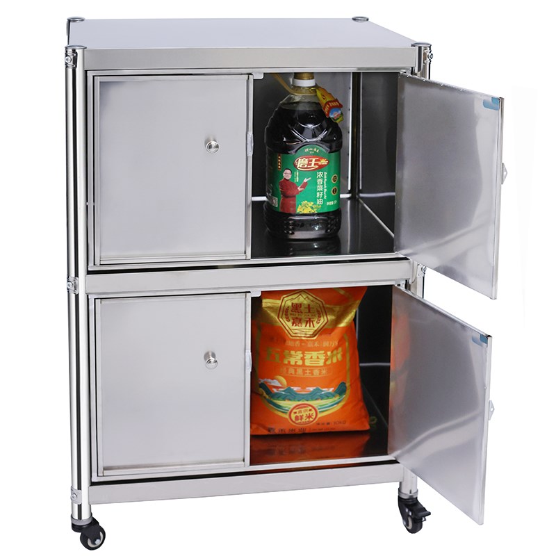 不锈钢双柜门厨房置物架不锈钢收纳置物架置M地式带轮子可移动架