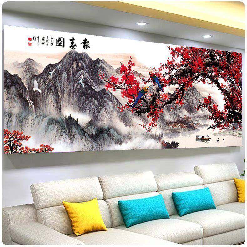 梅大花喜报春十字绣上图眉梢线绣客厅幅山水画手工绣满绣FJ0925简