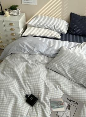 7K1约浅蓝小格双拼水F767S988简洗棉学四用件套四季贴身纯棉床上