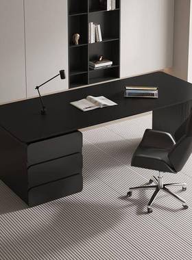 式意设极简岩板办EVS公桌小户型书现代轻奢计桌感黑色电脑桌