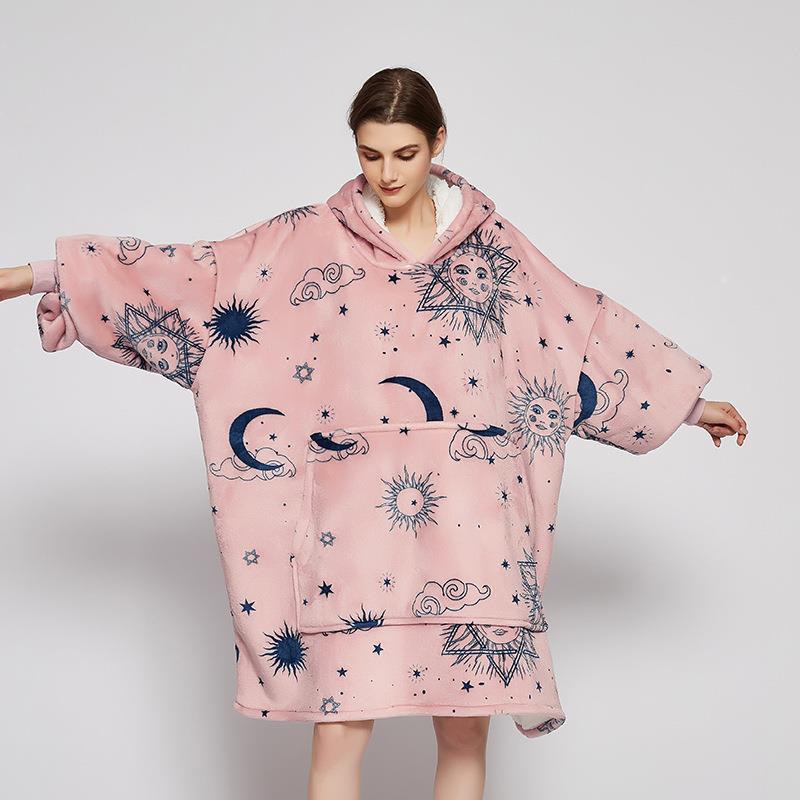 款卡洛WCSS4神新太阳神印花大码保懒人毯兰绒双层加法绒连帽暖衫