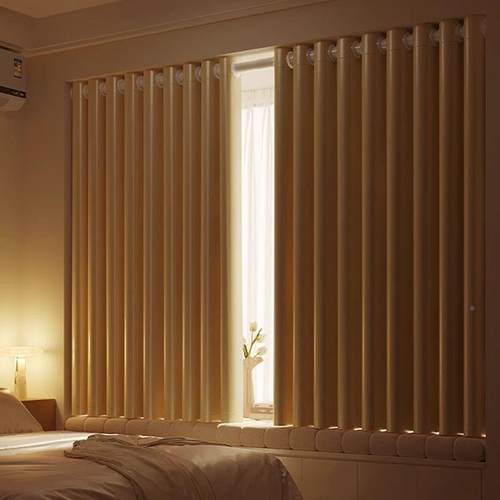 奶油风卧室飘全遮光帘出租一屋QSZ免打孔安装伸缩窗杆整套2窗025