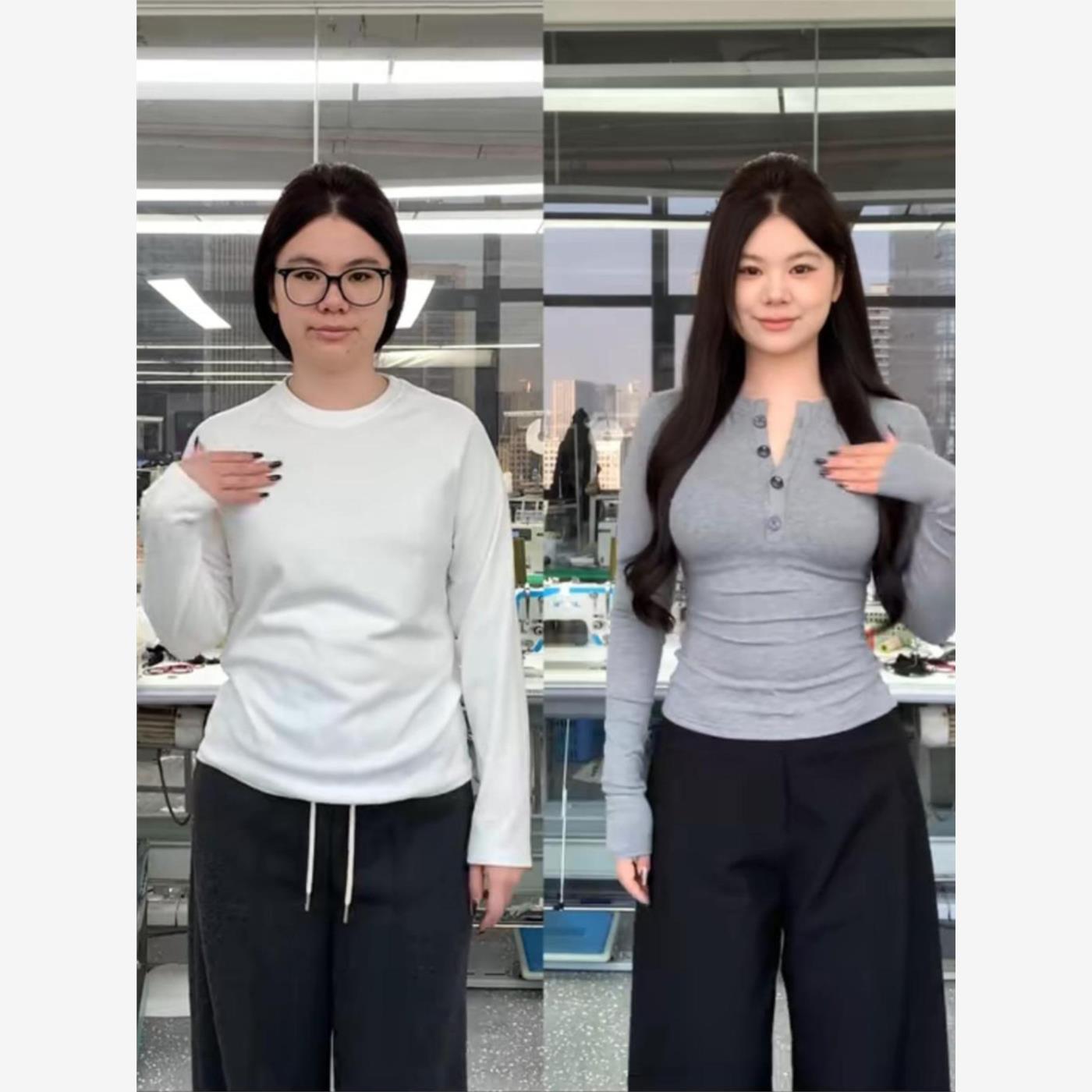 加码灰色半开领长袖t恤的妇女在秋冬与肥胖毫米显瘦看底衬衫设计