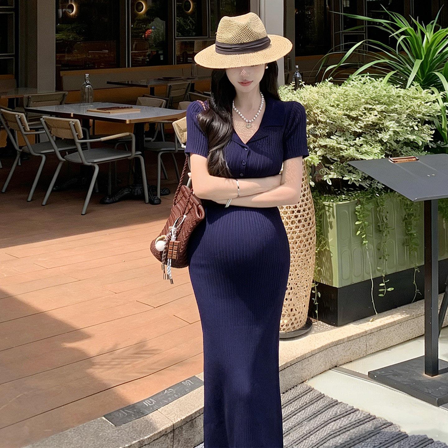 冰丝针织孕妇连衣裙产后哺乳裙短袖直筒裙POLO领长裙高个子孕妇装