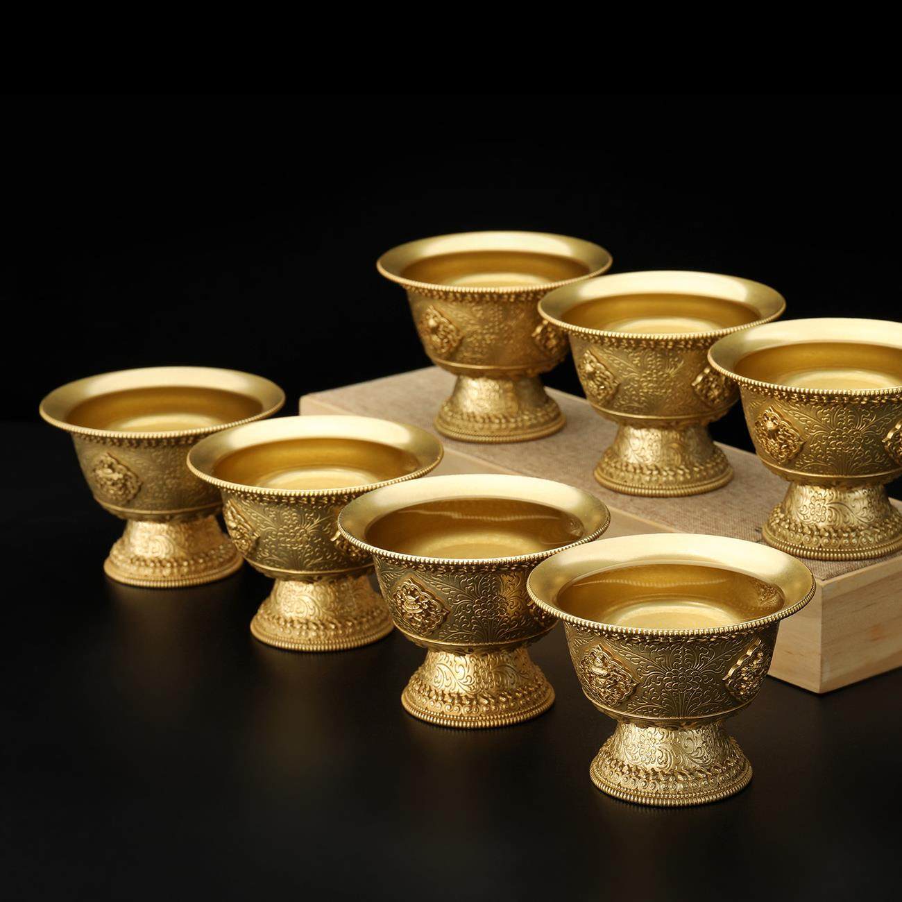 尼泊尔工艺纯黄铜高脚供水杯家用八吉祥供水碗平底圣水杯七供八供
