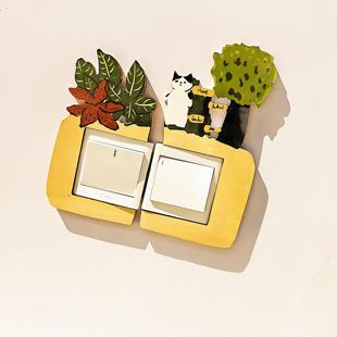 热带雨林猫双开关贴保护套装饰墙贴插座保护套文艺原木风灯开关套