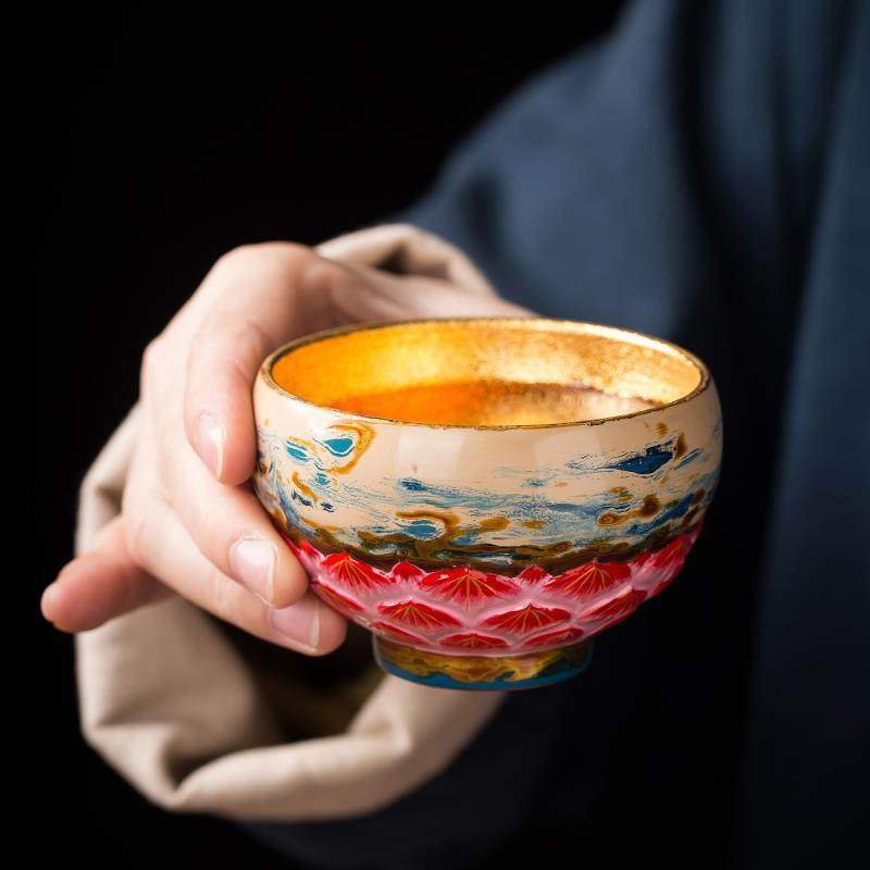 墨修缘蔡志强手工大漆金盏佛莲金叶盏单个茶杯主人杯茶具茶器礼品