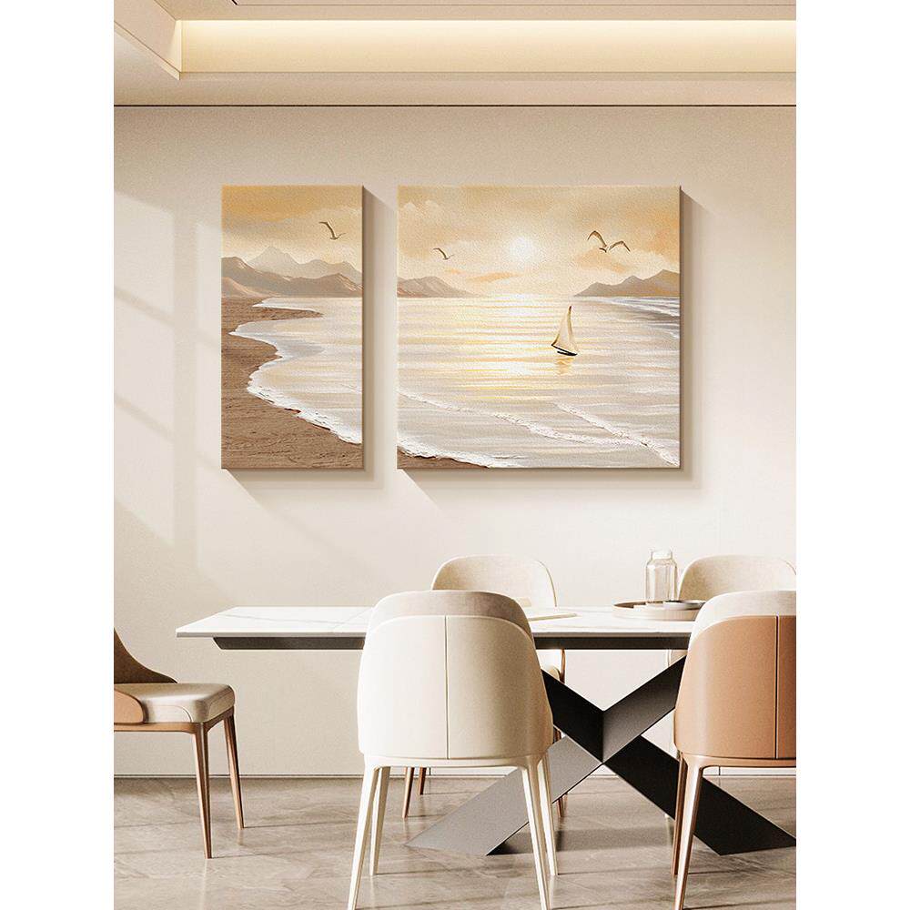 现代简约餐厅装饰画一帆风顺砂岩饭桌背景墙挂画艺术客厅两联壁画