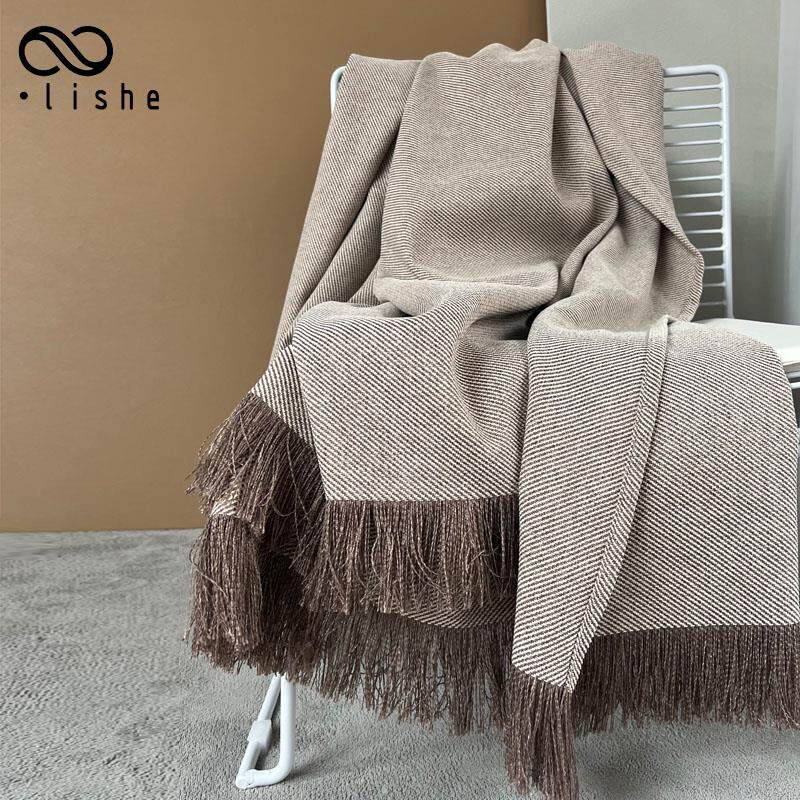 侘寂风床尾毯搭毯样板间沙发毯棕色新中式棉麻床旗床尾巾民宿