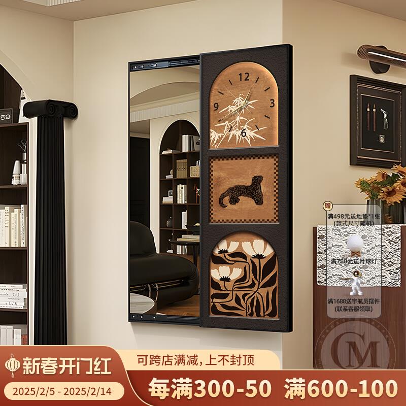 中古风复古穿衣镜带钟表卧室隐藏式全身镜玄关推拉式可关闭镜子画