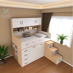 小卧室省空间实木高低上床下抽拉衣柜书柜一体组合储物儿童半高床