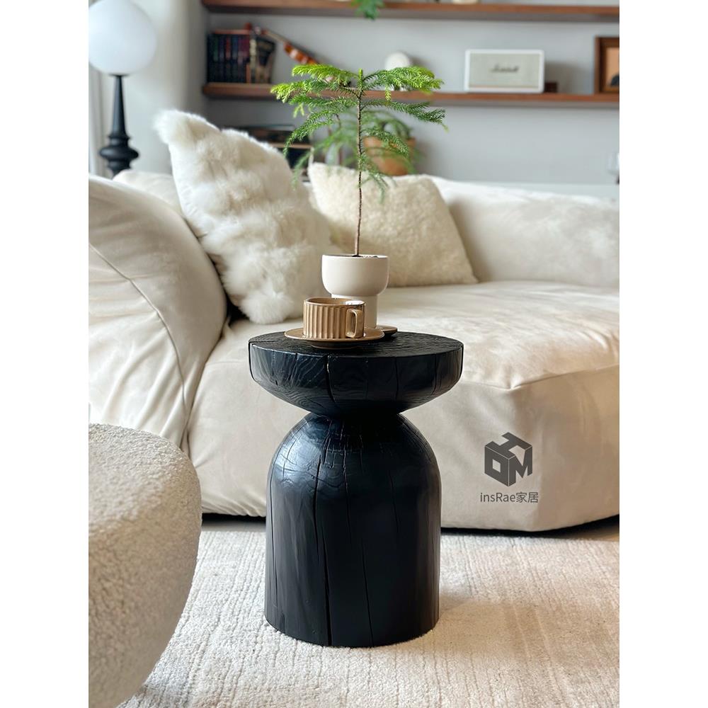 碳化木墩实木边几原木茶几民宿设计师矮凳创意摆件日式侘寂风家具