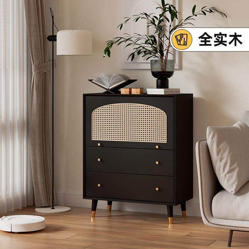 北欧轻奢实木藤编斗柜客厅沙发边柜覆古五斗柜黑色现代轻奢收纳储